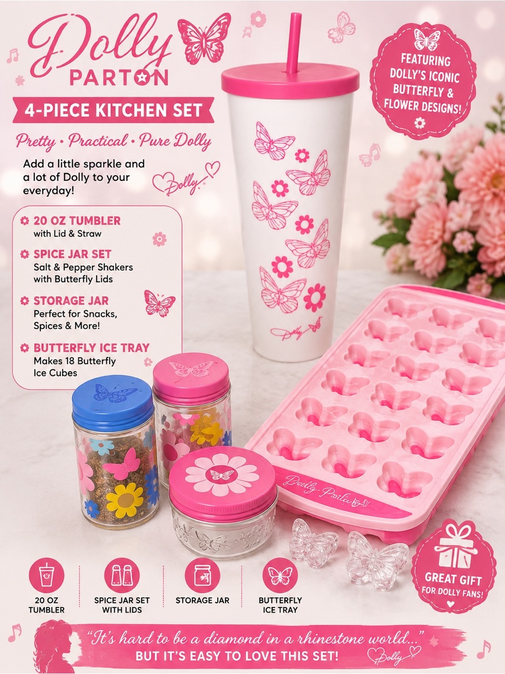 Dolly Parton 4-Piece Pink Butterfly Kitchen Set new